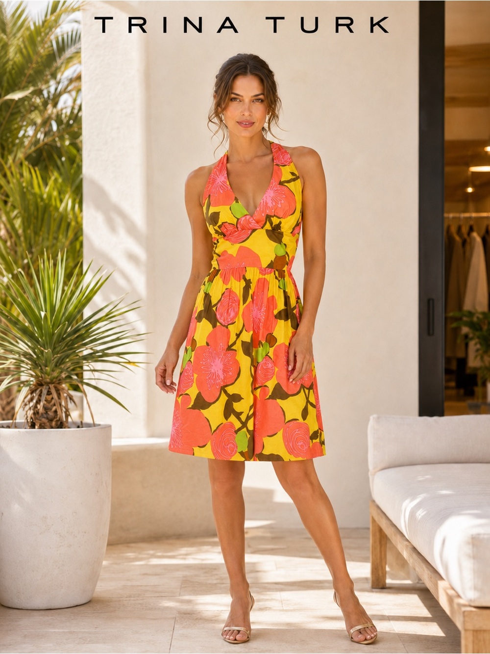 TRINA TURK Yellow/Orange Floral Halter Sundress Sz 4